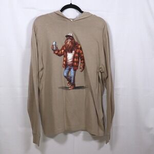 Pacific Bigfoot Hooded Tee L Tan Mens Graphic Sasquatch Beer Hoodie
